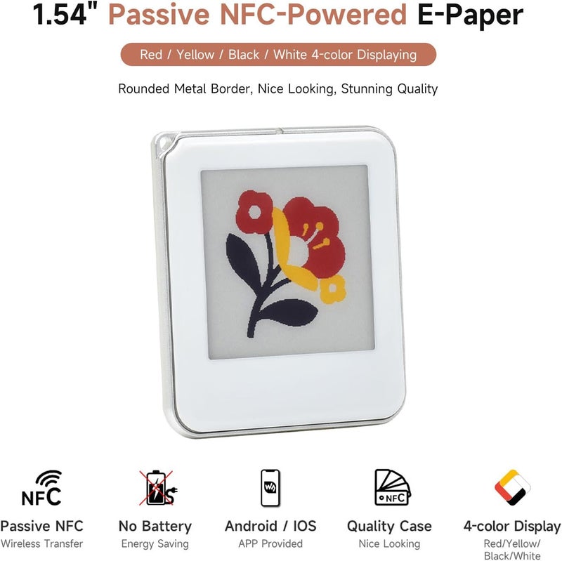 Waveshare 1.54inch Color NFC E-Ink Display with Red, Yellow, Black, and White, 4 Colors, Battery-Free, Wireless Power & Image Refresh, Silver Border - Image 3